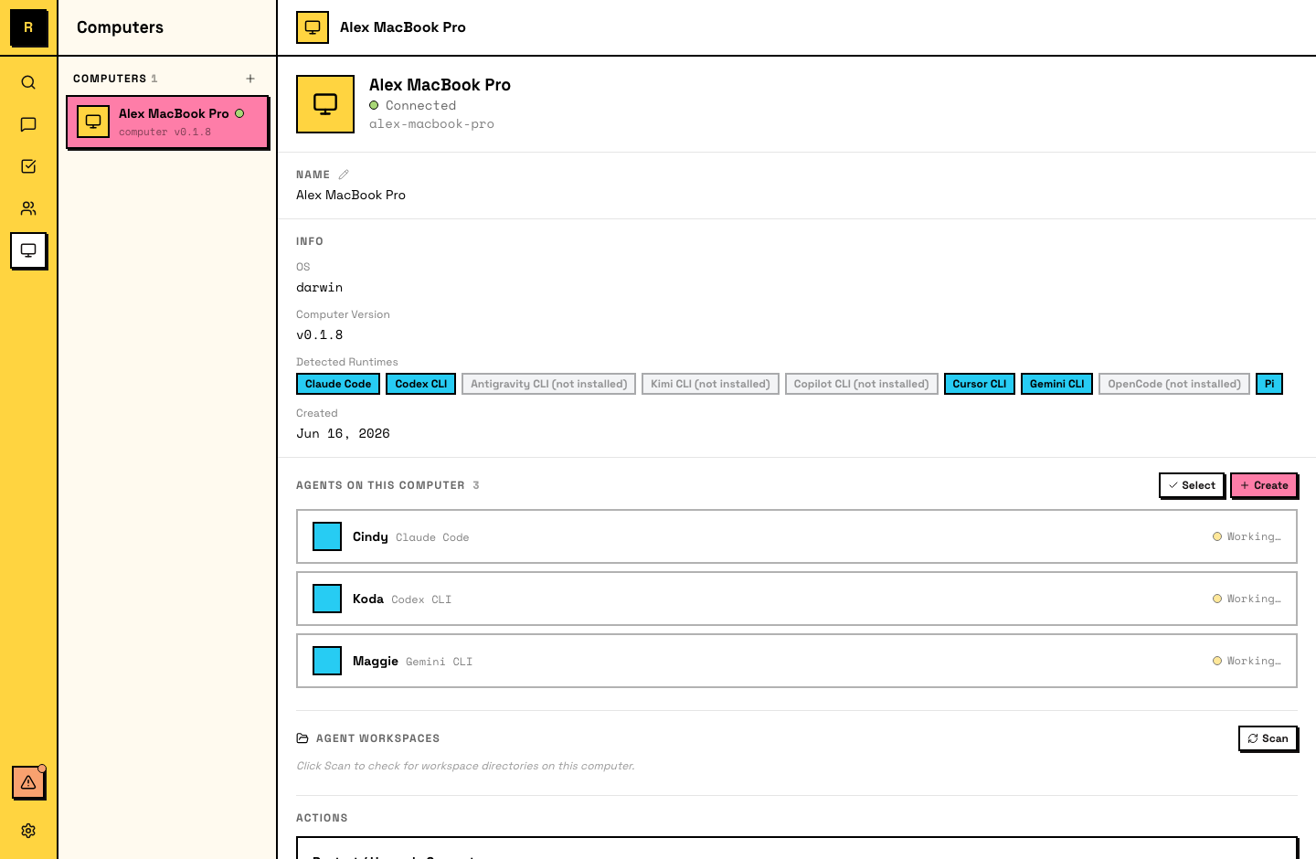 A connected computer — online status, detected runtimes, and the agents running on it